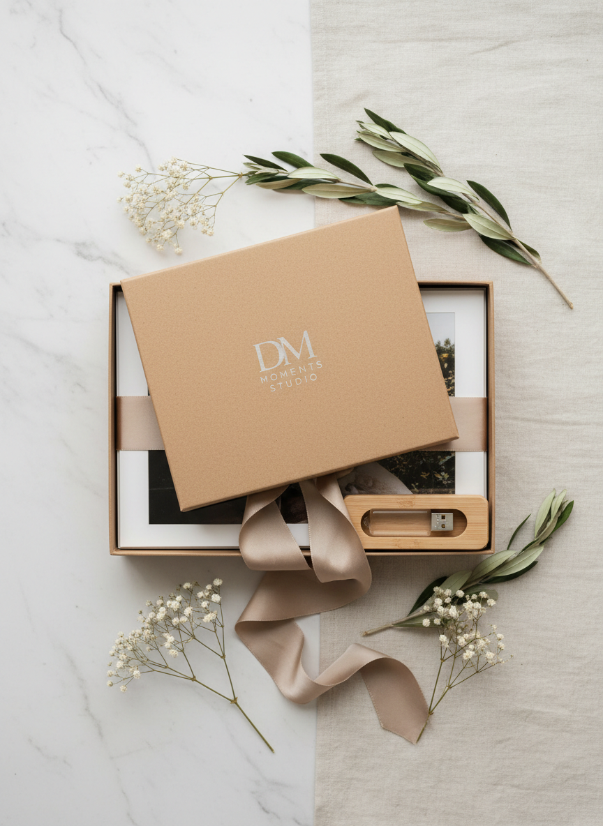 A beautifully curated photography delivery box in natural kraft with a subtle embossed logo reading “DM Moments Studio” sits half-open on a marble and linen backdrop. Inside, a bundle of prints is tied with soft silk ribbon in a muted champagne tone, accompanied by a small glass USB drive in a wooden case. Dried white florals and a sprig of olive add organic elegance. Soft, diffused overcast light from above and slightly to the left creates gentle, shadowless illumination that accentuates textures without harshness. The mood is luxurious yet understated, conveying care and emotion. Photographic realism, styled like a high-end editorial flat lay, shot from a bird’s-eye view with crisp focus throughout for a clean, sophisticated presentation.