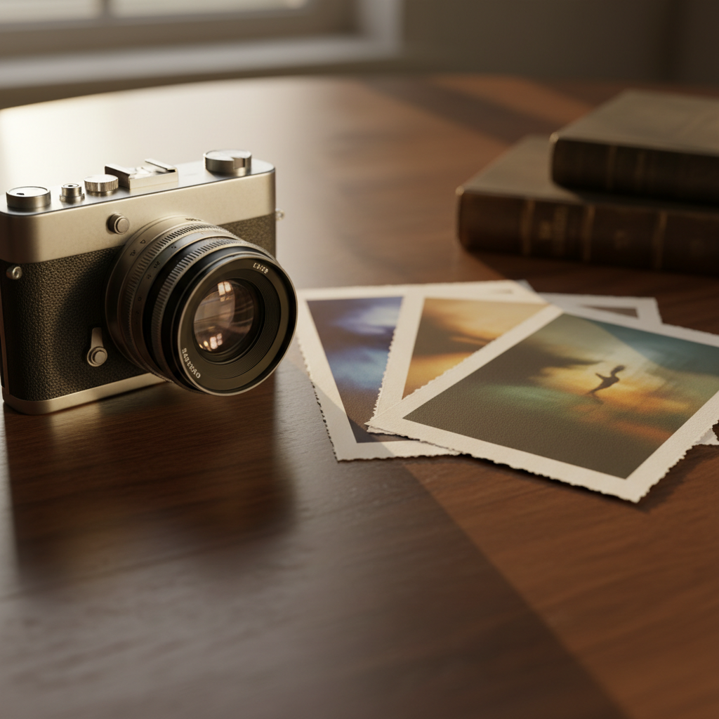 A vintage medium-format film camera with a brushed metal body and textured black leather grip rests on a dark walnut table, its glass lens catching the faintest reflections. Beside it lies a spread of fine art prints on thick, matte cotton paper, edges slightly curled, showing softly blurred, emotional scenes without identifiable people. Late afternoon golden light pours through an unseen window, grazing the camera and prints, casting long, elegant shadows. Photographic realism with a sophisticated, minimalist aesthetic. Shot at eye level with a shallow depth of field, the focus lingers on the lens and first print, while the background melts into a creamy bokeh, evoking nostalgia, intimacy, and the quiet craft of emotive photography.