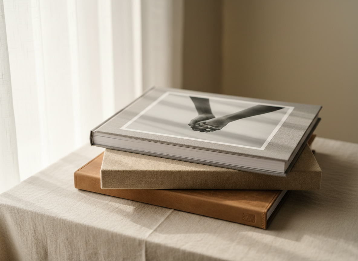 A delicate stack of photo albums bound in textured linen and soft Italian leather, in muted tones of dove gray, sand, and warm taupe, sits on a linen-draped table. An open album reveals a full-bleed, black-and-white emotional image of intertwined hands, faces out of frame. Soft morning window light filters through sheer curtains, creating a gentle, diffused glow and subtle highlights along the album edges. The mood is timeless and poetic. Photographic realism with a clean, editorial feel. Captured from a slightly elevated angle using the rule of thirds, with a shallow depth of field that blurs the distant background into soft, creamy tones, emphasizing the tactile beauty and emotional weight of printed memories.