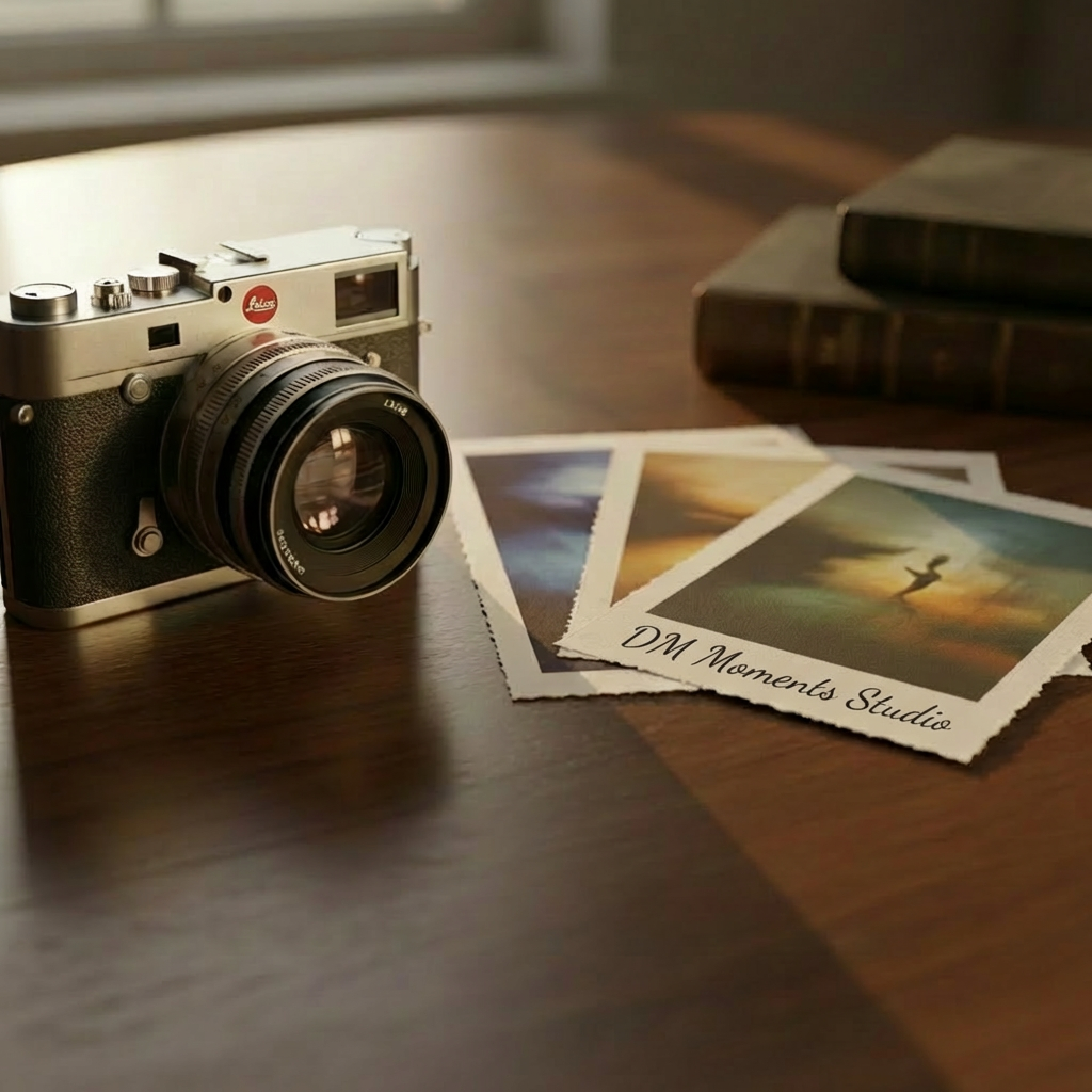 A vintage medium-format film camera with a brushed metal body and textured black leather grip rests on a dark walnut table, its glass lens catching the faintest reflections. Beside it lies a spread of fine art prints on thick, matte cotton paper, edges slightly curled, showing softly blurred, emotional scenes without identifiable people. Late afternoon golden light pours through an unseen window, grazing the camera and prints, casting long, elegant shadows. Photographic realism with a sophisticated, minimalist aesthetic. Shot at eye level with a shallow depth of field, the focus lingers on the lens and first print, while the background melts into a creamy bokeh, evoking nostalgia, intimacy, and the quiet craft of emotive photography.
