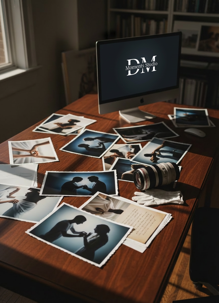 An elegant wooden desk in a softly lit studio, its surface scattered with fine art photography proofs, cotton gloves, a calibrated monitor, and a high-end lens lying on its side. The proofs display evocative, blurred silhouettes and close-ups of emotional details—folded fabrics, exchanged rings, handwritten vows—never showing complete faces. Warm, directional side light from a large unseen window grazes the desk, accentuating textures in the paper and wood grain. The atmosphere feels focused, intimate, and refined. Photographic realism with a cinematic touch. Shot from a three-quarter overhead angle, using an asymmetrical composition and shallow depth of field, drawing the eye toward the central cluster of prints while the edges fall into tasteful softness.
