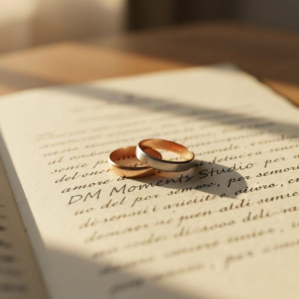 A pair of intertwined wedding rings in rose gold and platinum rests gently on an open handwritten letter, the ink in a deep charcoal gray flowing in elegant Italian script, words partially out of focus. The paper is thick, creamy, and lightly textured, with deckled edges catching the light. Soft golden hour sunlight enters from the side, creating a delicate halo on the metal and long, romantic shadows across the page. The mood is intimate, emotional, and sophisticated. Photographic realism with a fine art aesthetic. Captured in a close-up macro shot, extremely shallow depth of field isolates the rings and a few words, while the rest dissolves into a dreamy blur that suggests memory and sentiment.