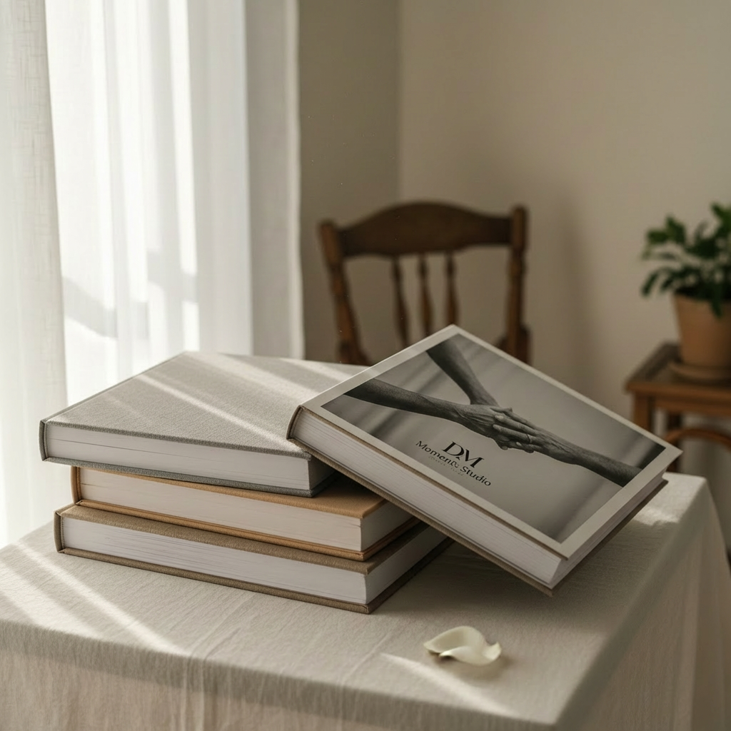 A delicate stack of photo albums bound in textured linen and soft Italian leather, in muted tones of dove gray, sand, and warm taupe, sits on a linen-draped table. An open album reveals a full-bleed, black-and-white emotional image of intertwined hands, faces out of frame. Soft morning window light filters through sheer curtains, creating a gentle, diffused glow and subtle highlights along the album edges. The mood is timeless and poetic. Photographic realism with a clean, editorial feel. Captured from a slightly elevated angle using the rule of thirds, with a shallow depth of field that blurs the distant background into soft, creamy tones, emphasizing the tactile beauty and emotional weight of printed memories.