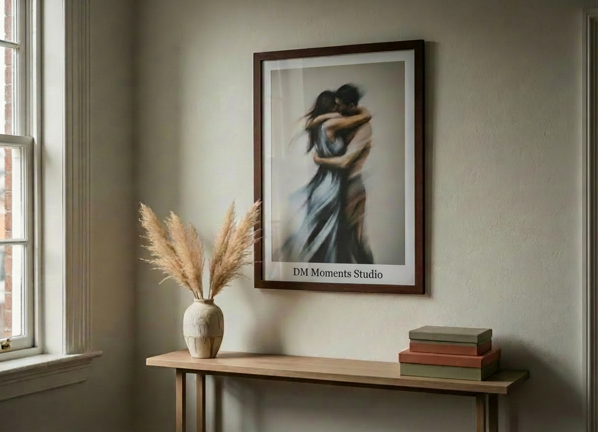An atmospheric corner of a photography studio with a large, framed fine art print on the wall showing an abstract, emotional embrace rendered through blurred motion, no faces visible. Below, a minimal console table in pale oak holds a single ceramic vase with dried pampas, and a stack of portfolio boxes in muted earth tones. Soft, indirect natural light streams from a nearby window, creating subtle gradients on the wall and gentle shadows under the console. The mood is serene, artistic, and refined. Photographic realism with a gallery-like aesthetic. Shot at eye level with balanced composition and moderate depth of field, the focus rests on the framed print while the surrounding decor softly supports the sophisticated, emotive brand identity.