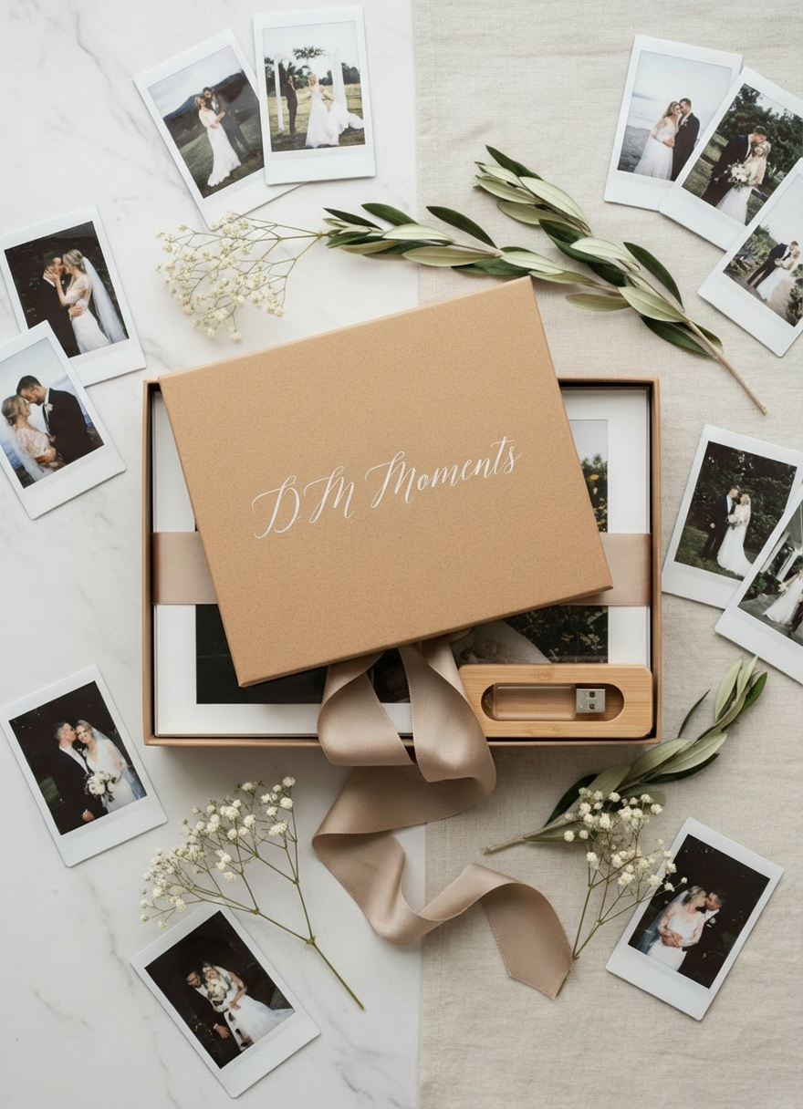 A beautifully curated photography delivery box in natural kraft with a subtle embossed logo reading “DM Moments Studio” sits half-open on a marble and linen backdrop. Inside, a bundle of prints is tied with soft silk ribbon in a muted champagne tone, accompanied by a small glass USB drive in a wooden case. Dried white florals and a sprig of olive add organic elegance. Soft, diffused overcast light from above and slightly to the left creates gentle, shadowless illumination that accentuates textures without harshness. The mood is luxurious yet understated, conveying care and emotion. Photographic realism, styled like a high-end editorial flat lay, shot from a bird’s-eye view with crisp focus throughout for a clean, sophisticated presentation.