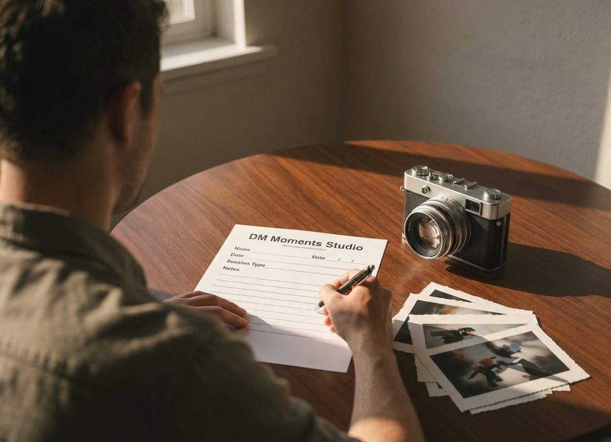 A person fills out a DM Moments Studio form next to a camera and photos.